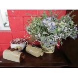 Plant stand, chamber pot and 2 early hot water bottles