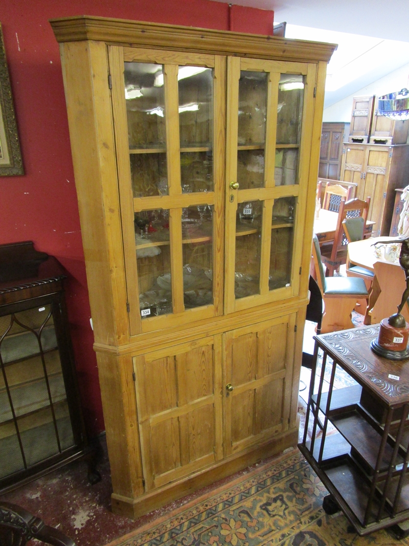 Large pine corner display cabinet with interior lights