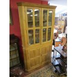 Large pine corner display cabinet with interior lights