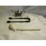 Hallmarked silver sugar nips, clay pipe & mustard pot with spoons