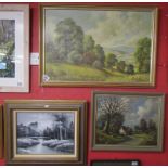 3 oil paintings - 2 Rural scenes by Jessy Heyden and a monochrome oil