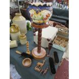 Collection of wooden ware & Chester jardinière on stand