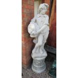 Stone statue of boy on plinth - H: 167cm