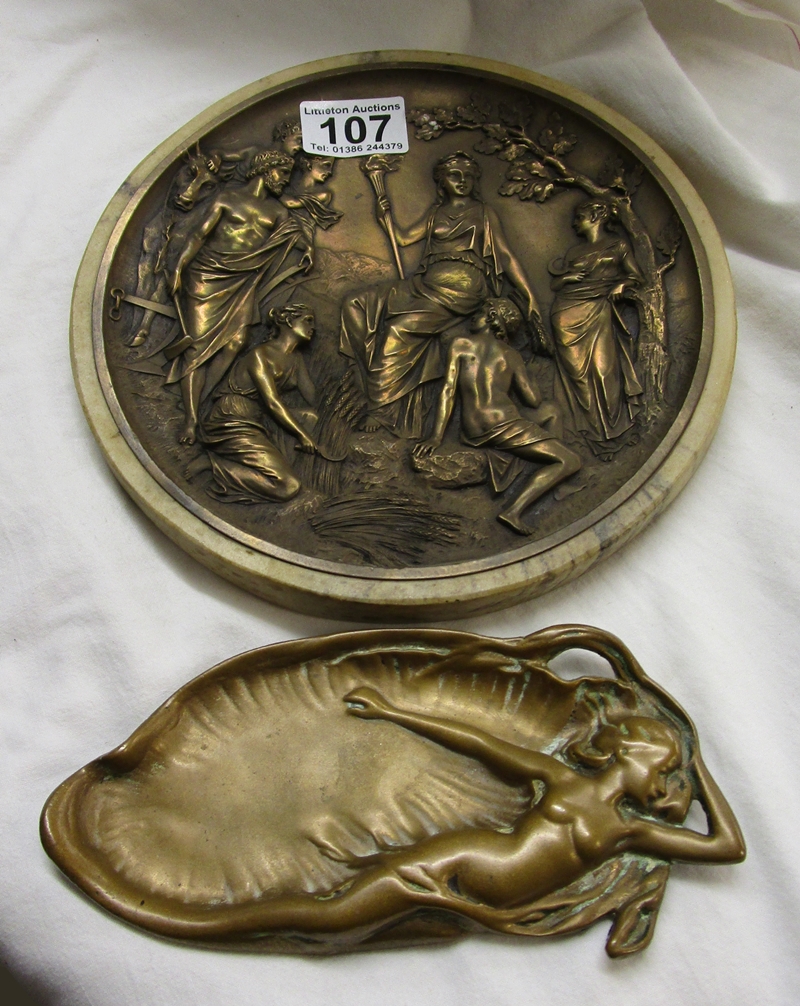 Bronze relief plaque in marble mount & mermaid ashtray