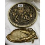 Bronze relief plaque in marble mount & mermaid ashtray