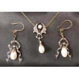 Pearl & diamond pendant on chain with matching earrings