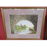 Watercolour - Bidford church from under the bridge - Leonard G Stevens