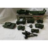 Collection of Dinky diecast military vehicles and Britains diecast field gun