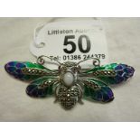 Silver enamel & opal set bug brooch