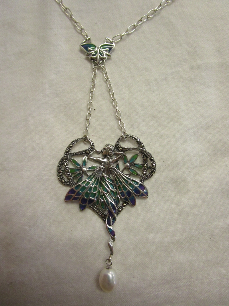 Art Nouveau style enamel pendant on chain