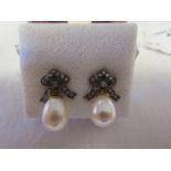 Pair of pearl & diamond bow earrings