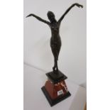 Bronze Art Deco lady on marble base (A/F: crack in arm) - H: 53cm
