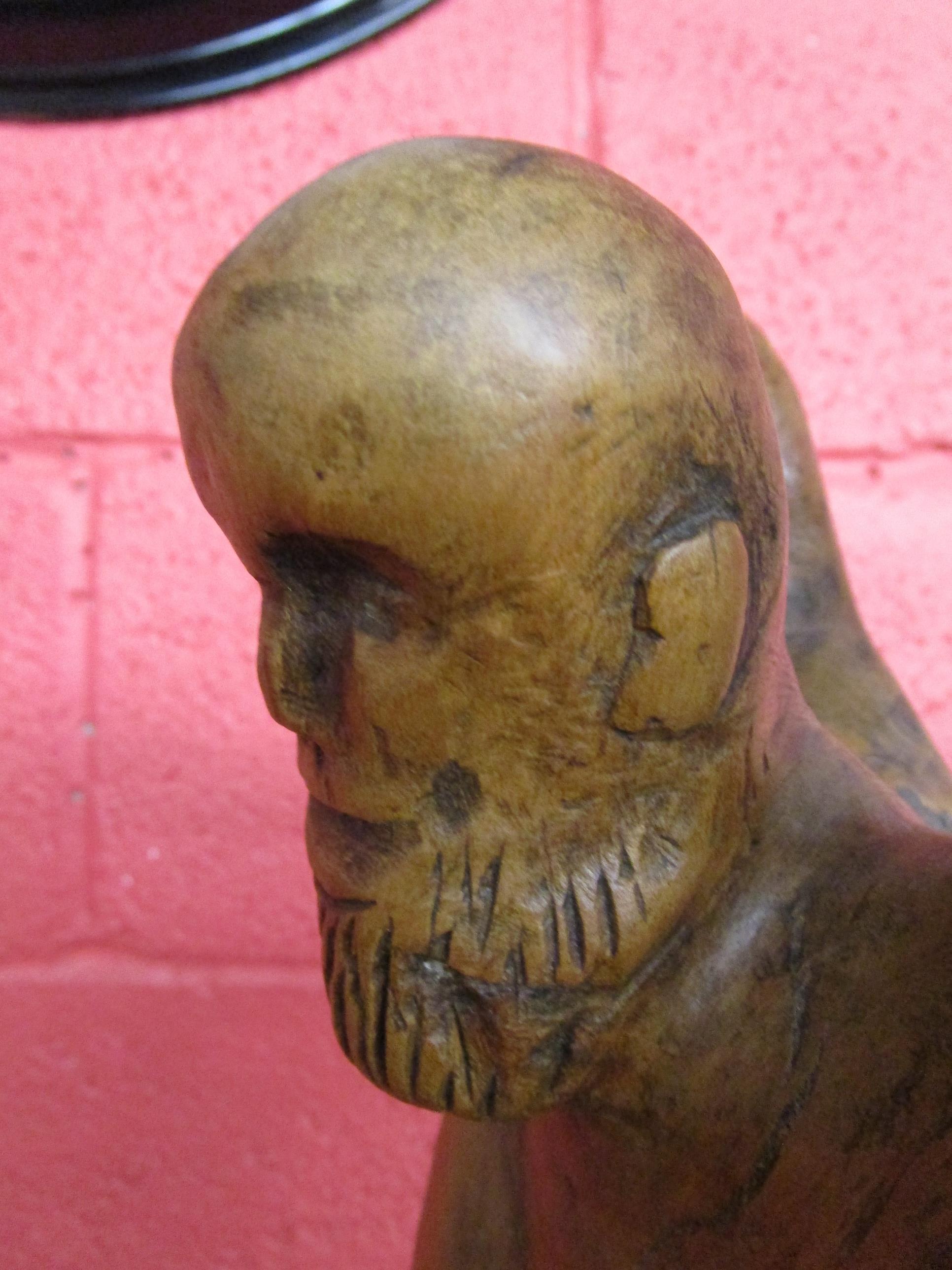 Carved wooden sculpture of man on marble base - H: 83cm - Image 3 of 9