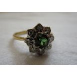 18ct gold green tourmaline & diamond cluster ring - Size P