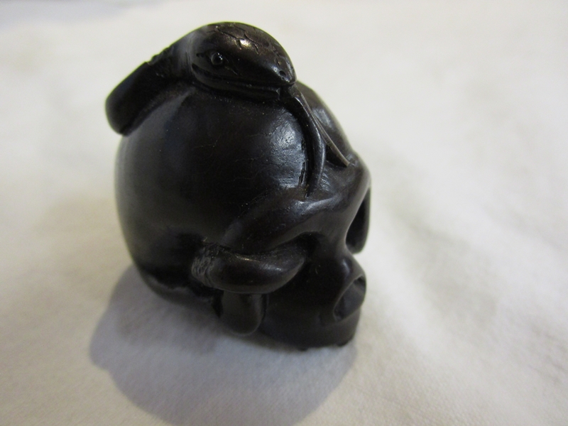 Signed Japanese carved wood netsuke - Skull & snake