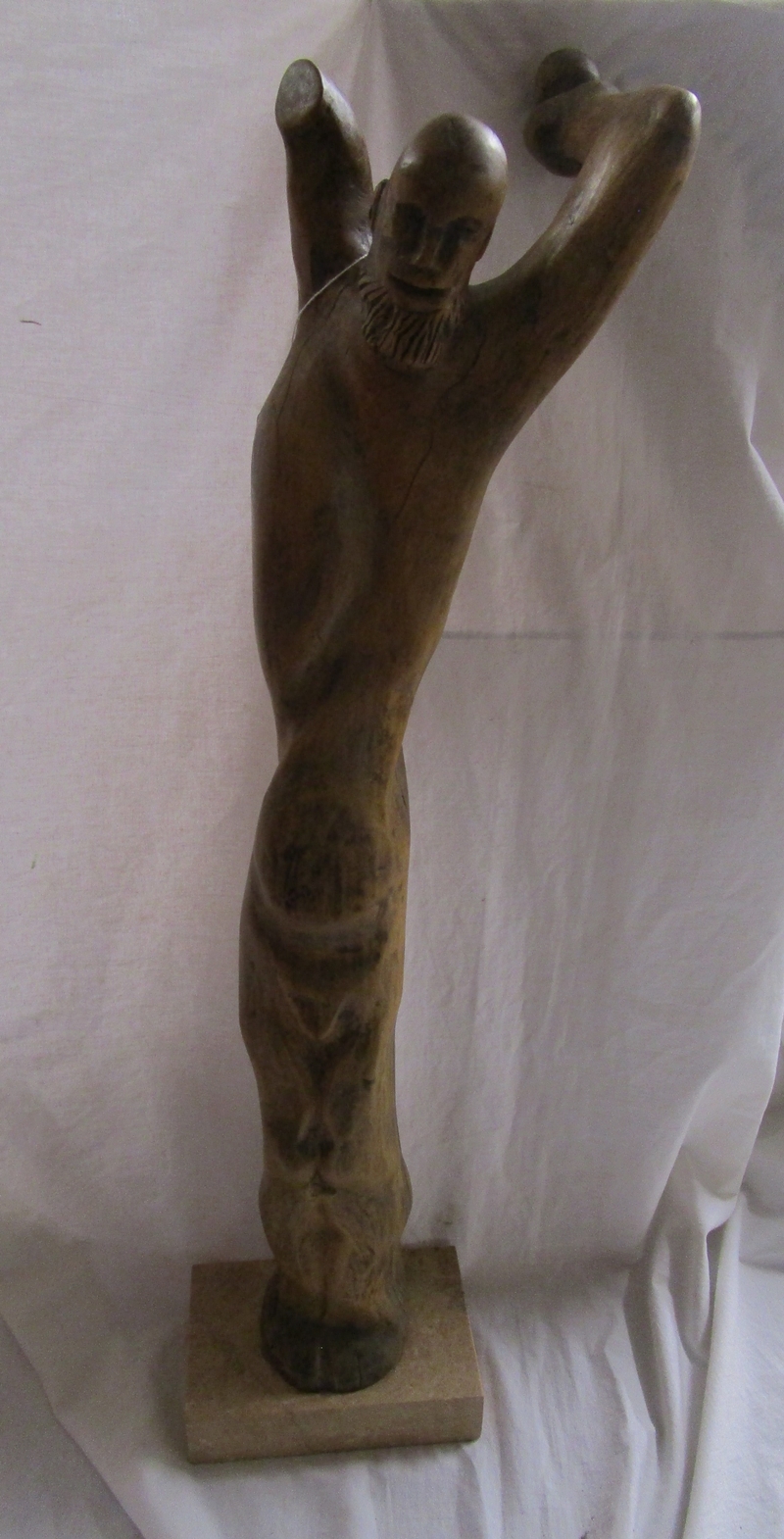 Carved wooden sculpture of man on marble base - H: 83cm