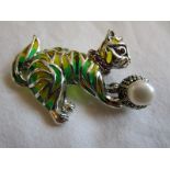 Silver champlevé enamel, ruby & pearl cat brooch