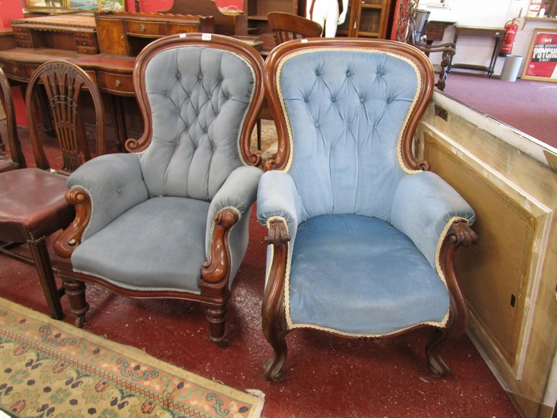 2 Victorian button-back armchairs with blue fabric