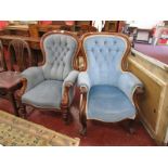 2 Victorian button-back armchairs with blue fabric