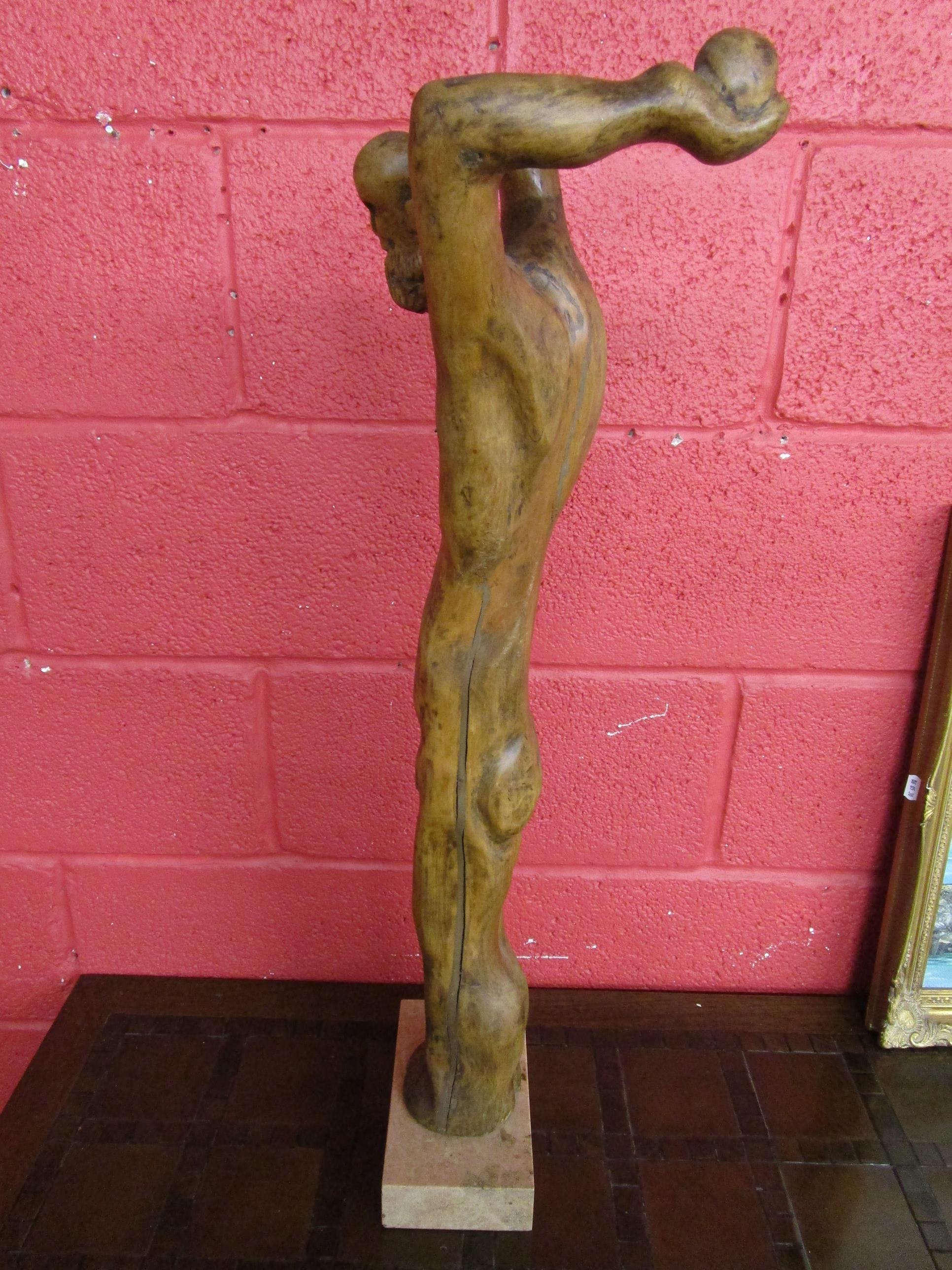 Carved wooden sculpture of man on marble base - H: 83cm - Image 8 of 9