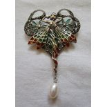Silver champlevé enamel & pearl Art Nouveau style brooch