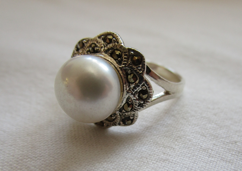 Silver, marcasite & pearl cluster ring