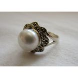 Silver, marcasite & pearl cluster ring