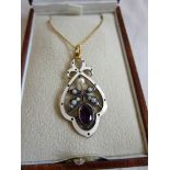 Amethyst, pearl & champlevé enamel pendant on chain