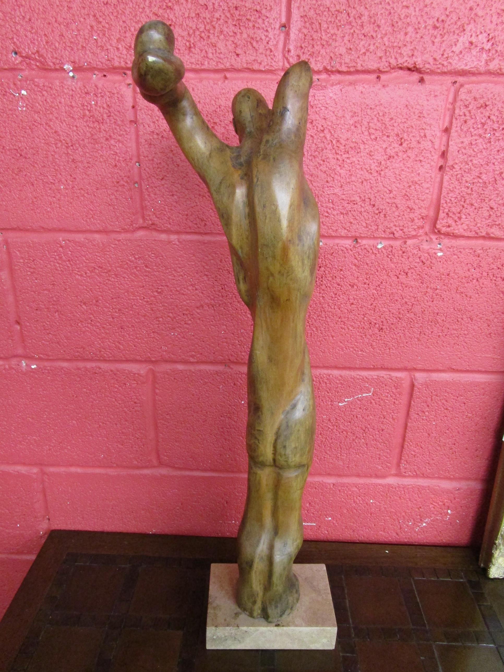 Carved wooden sculpture of man on marble base - H: 83cm - Image 7 of 9