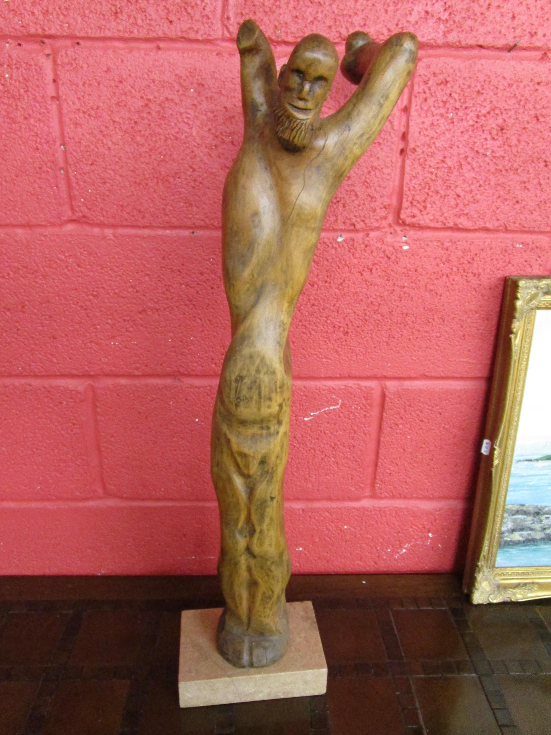 Carved wooden sculpture of man on marble base - H: 83cm - Image 9 of 9