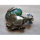 Silver, pearl & champlevé enamel cockerel brooch