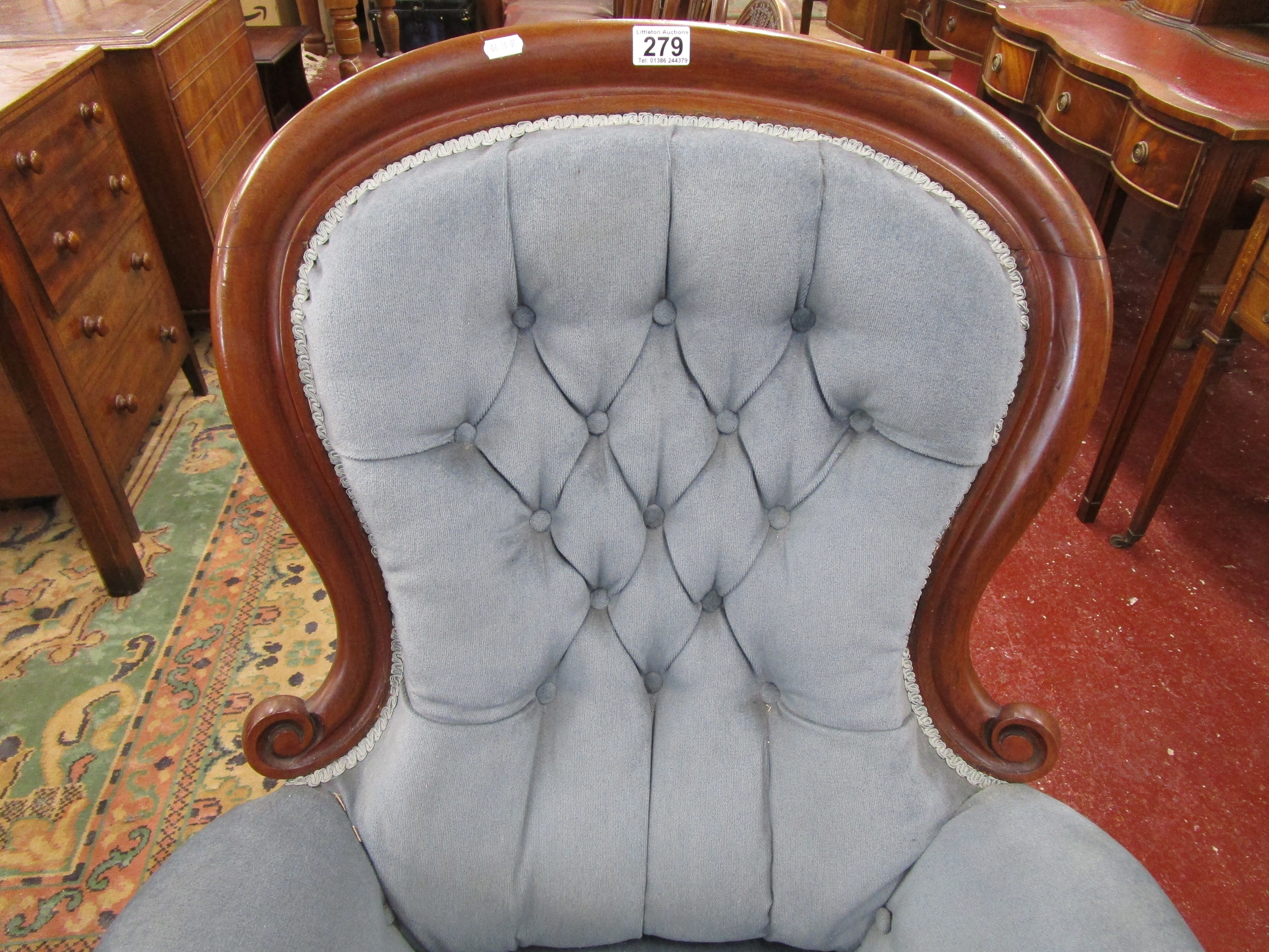 2 Victorian button-back armchairs with blue fabric - Image 22 of 22