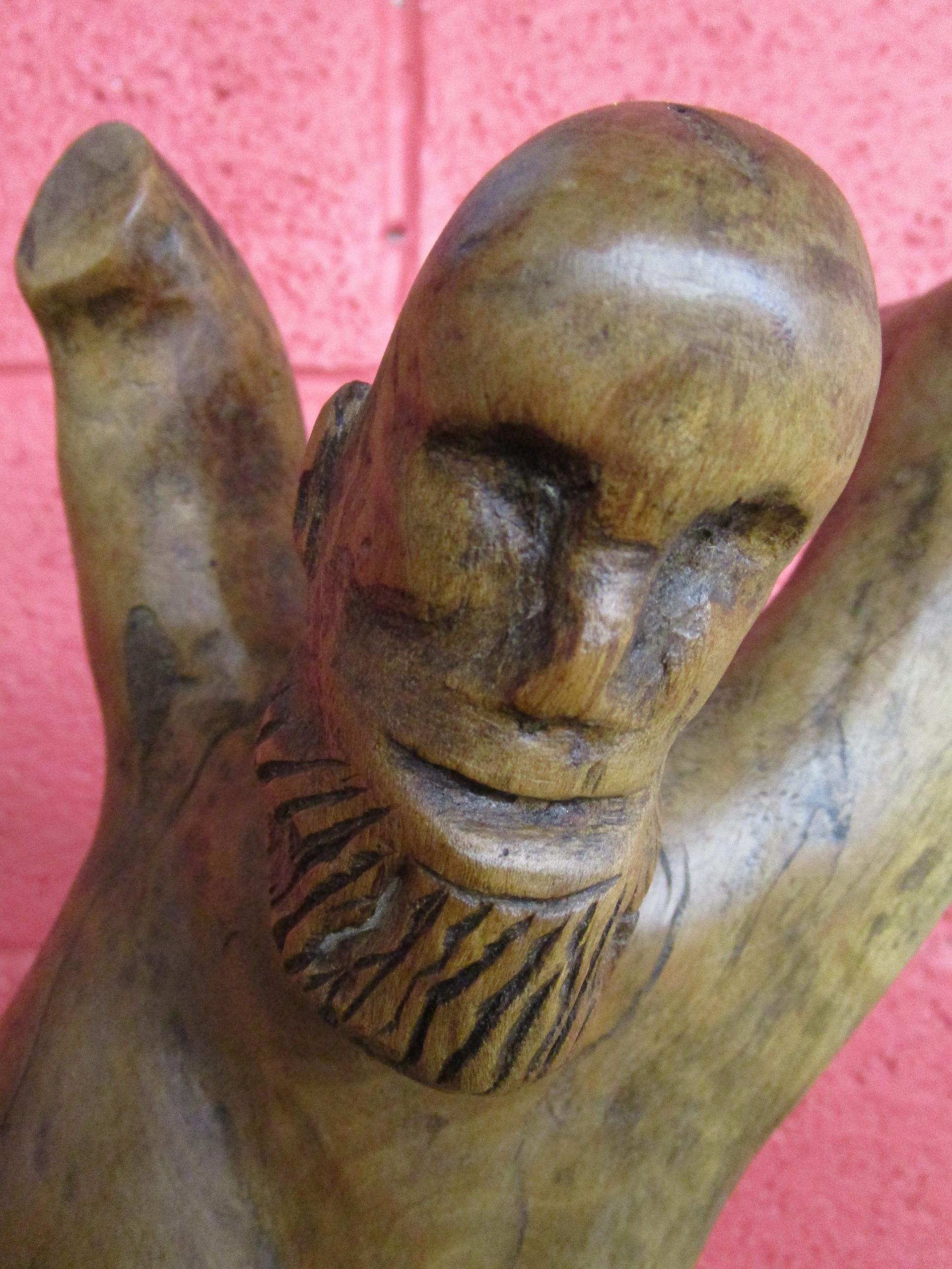 Carved wooden sculpture of man on marble base - H: 83cm - Image 5 of 9