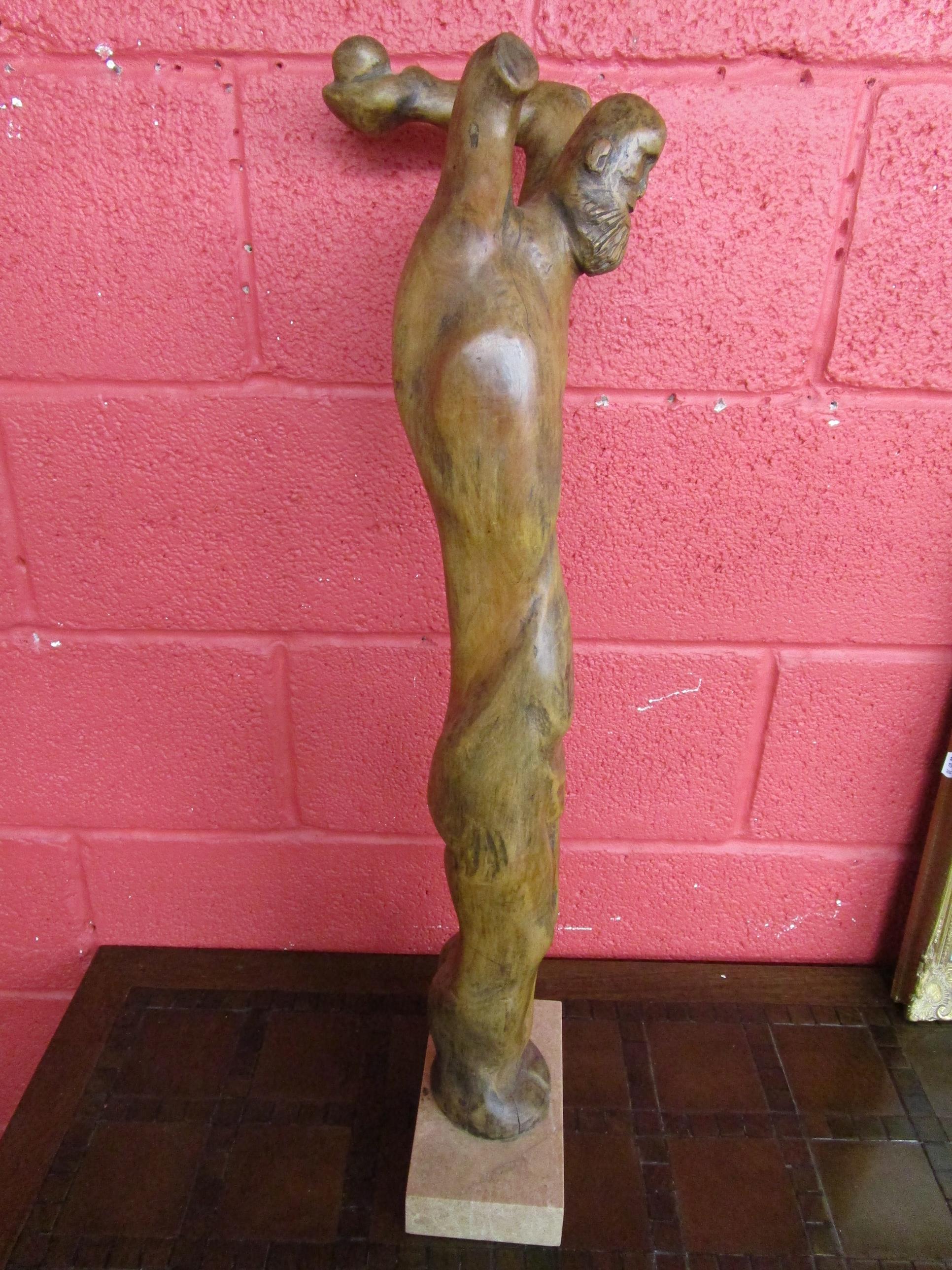Carved wooden sculpture of man on marble base - H: 83cm - Image 6 of 9