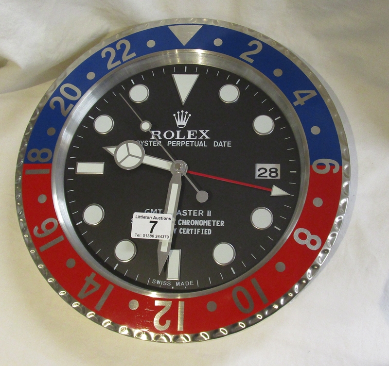 Reproduction Rolex (GMT Master II) advertising clock with sweeping second hand - D: 34cm