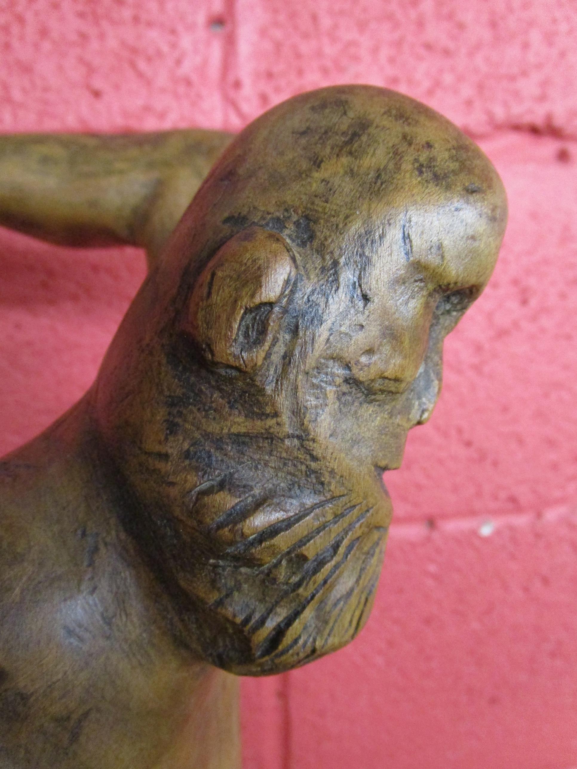 Carved wooden sculpture of man on marble base - H: 83cm - Image 4 of 9