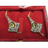 Pair of peridot, amethyst & diamond drop earrings