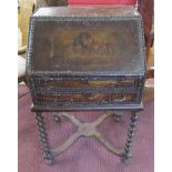 Small & early leather & painted barley-twist bureau - W: 59cm D: 42cm H: 99cm