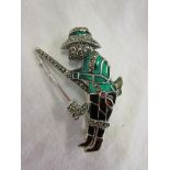 Silver enamel & marcasite fishing rabbit brooch