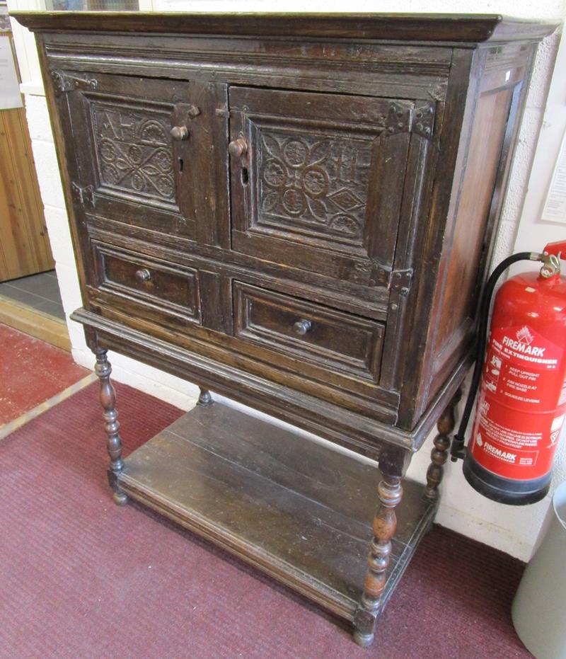 Early oak chest on stand - W: 90cm D: 46cm H: 128cm