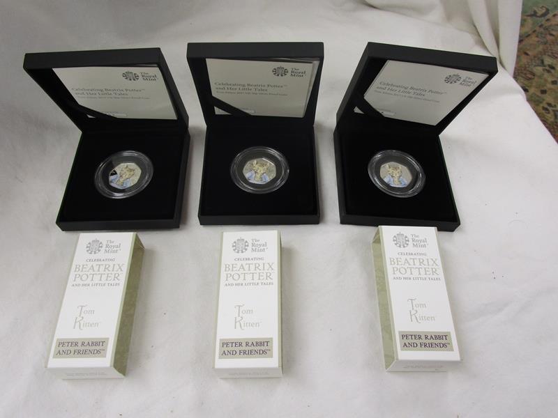 3 Tom Kitten 2017 UK 50p silver proof coins - Black box edition - COA 487, 488 & 489