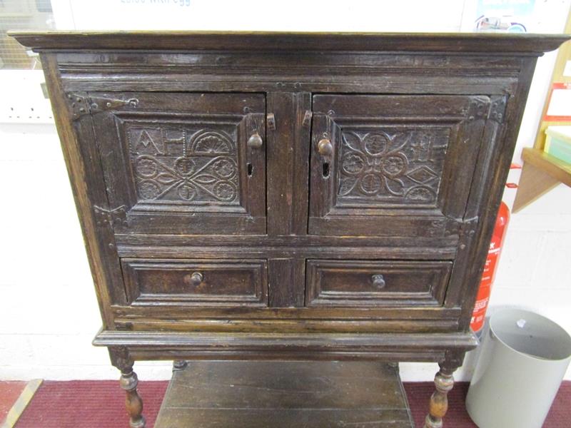 Early oak chest on stand - W: 90cm D: 46cm H: 128cm - Image 3 of 12