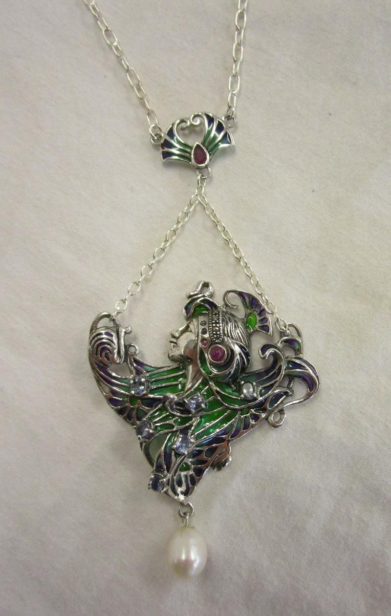 Silver enamel Art Nouveau style stone set pendant & chain