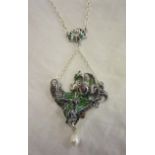 Silver enamel Art Nouveau style stone set pendant & chain