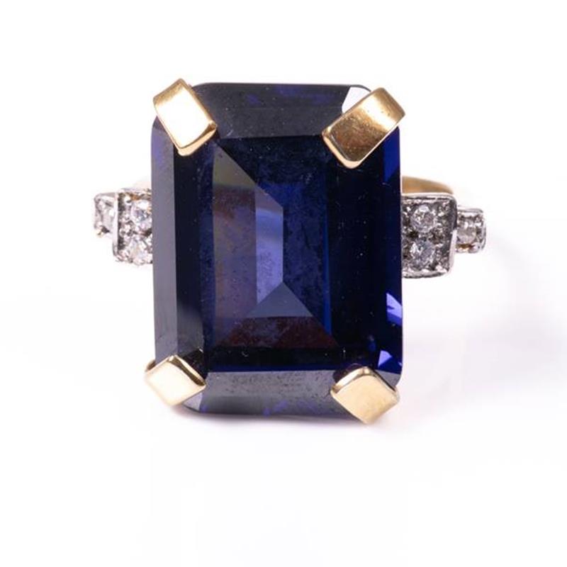 18ct silver-gilt synthetic sapphire & paste Art Deco style ring