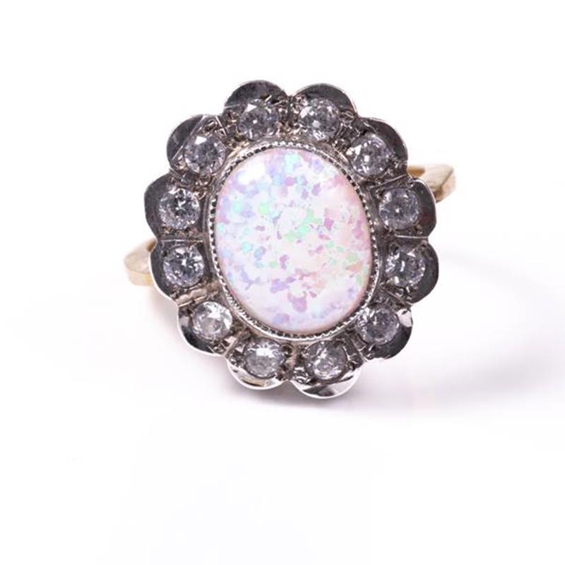 18ct silver-gilt opal (3ct) & paste cluster ring