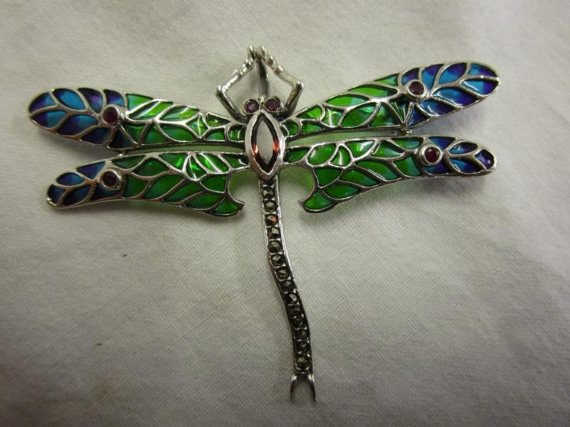 Silver enamel, garnet set dragonfly brooch