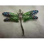 Silver enamel, garnet set dragonfly brooch