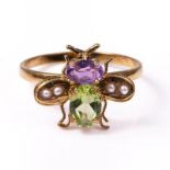 18ct silver-gilt amethyst (0.20ct), peridot (0.50ct) & seedpearl (Suffragette colours) bug ring