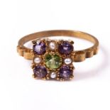 18ct silver-gilt amethyst, peridot & seedpearl ring - Suffragette colours